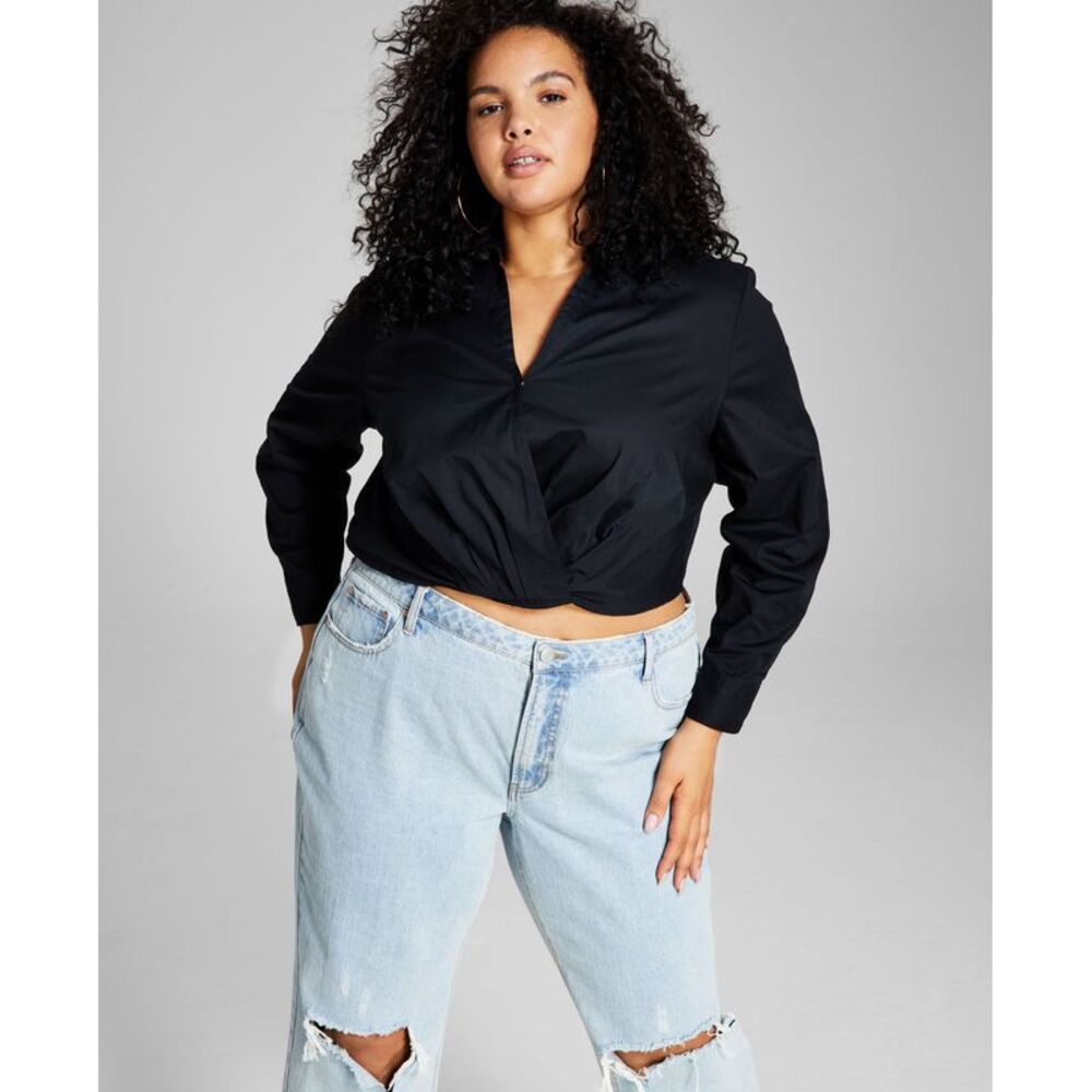 And Now This Now This Trendy Plus Size Faux Wrap Poplin Shirt
